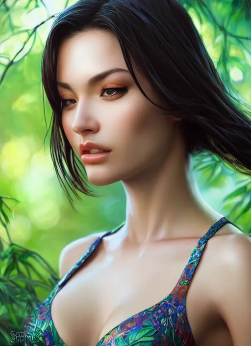 Image similar to photo of a gorgeous female in the style of stefan kostic, realistic, half body shot, sharp focus, 8 k high definition, insanely detailed, intricate, elegant, art by stanley lau and artgerm, extreme bokeh foliage