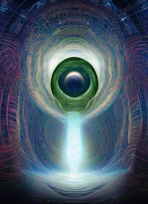 Prompt: the expansion of self realization, portrait, while tipping hallucinogenic dmt, space and time bending into a vortex of subjective reality, event horizon from within, ron walotsky, michal karcz