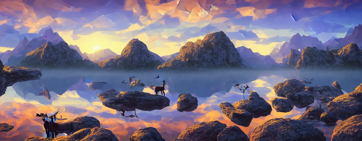 Image similar to super detailed color lowpoly art, northern sunset with rocks on front, blured monochromic lake in the middle of perspective and foggy mountains at background, graphic reindeers in random points, unreal engine, gothic rich deep colors, molotow premium pastel color palette, imperial boy, 3d render, lowpoly, colorful, digital art