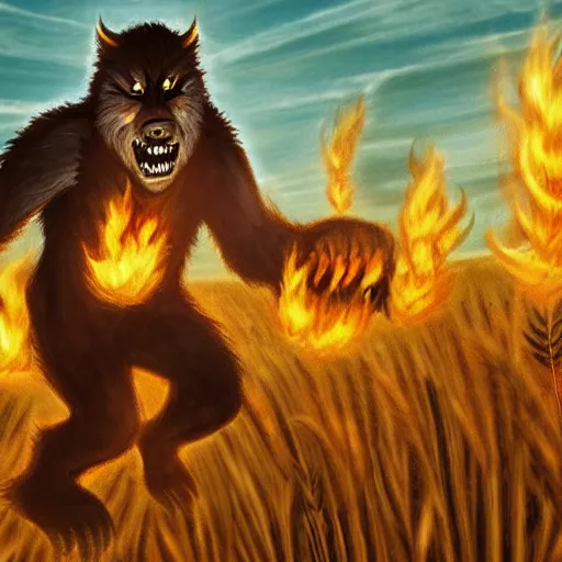 Image similar to a giant werewolf running after a little boy farmer holding a flaming torch toward a wheat field, an old wooden house in the background