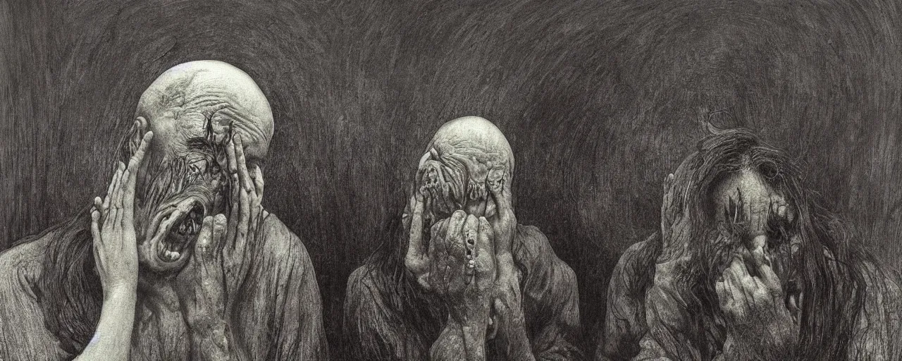 Image similar to vintage color footage exaggerated somber exorcism scared priest wide open mouth in terror crying figures inside mental hospital portrait by zdzisław beksinski and gustave dore and alphonse mucha, artstationhq iamag