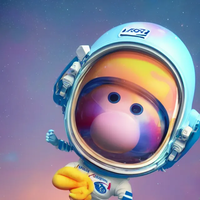 Image similar to a cute astronaut, pixar animation style, soft colors, by jeff koons, by lisa frank, octane render, by takashi murakami, colorful, spectral color, 5 d, ultra - hd, happy, good, mini, volumetric lighting