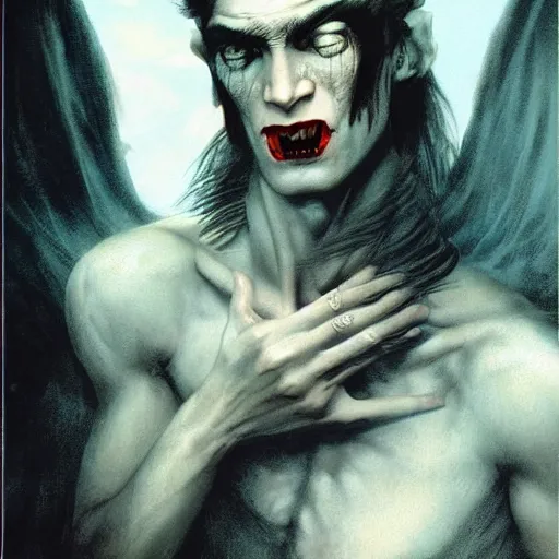 Prompt: head and shoulders vogue fashion photo portrait of a male vampire, d & d, fantasy, greg rutkowski, frank frazetta, alexandre chaudret, boris vallejo, michael whelan, miro petrov, hr giger, magali villeneuve, donato giancola