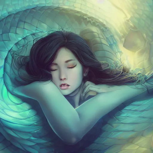 Image similar to Art station concept of a beautiful girls laying in front of a dark deamon, compulsion, Hypnosis, hypnotising, hypnotic eyes, light blue eyes, spiral eyes, symmetrical face, by Stanley Artgerm Lau, WLOP, Rossdraws, James Jean, Andrei Riabovitchev, Marc Simonetti, and Sakimichan, trending on artstation