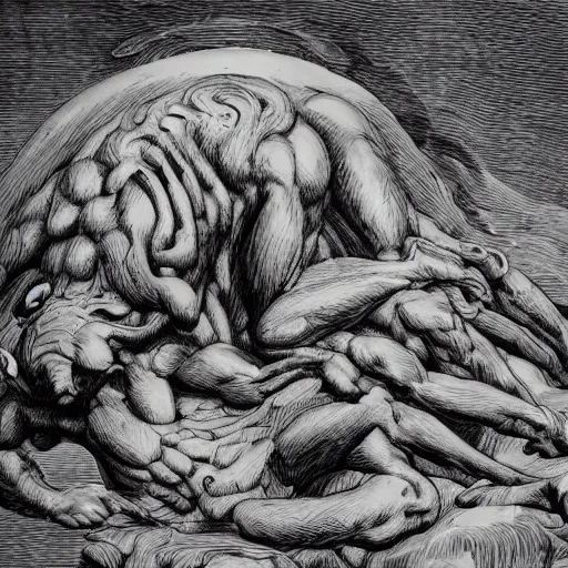 Prompt: cerebral and nebulous mounds of muscle undulate on the surface of this rough beast, inhuman, its hour come around at last, slouches towards bethlehem to be born.