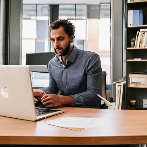 Image similar to man working very hard in an office, not just making dreams on his computer