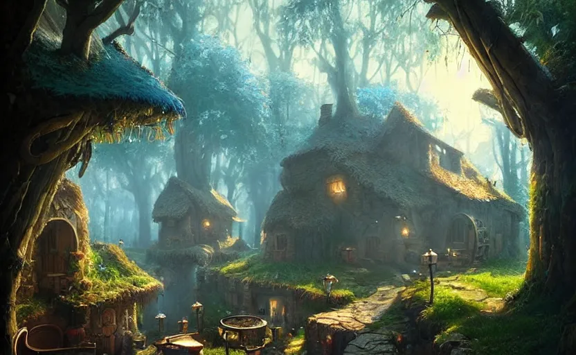 Image similar to a beautiful photo the smurfs village, hyper realistic, natural light, concept art, by greg rutkowski, cozy atmospheric and cinematic lighting