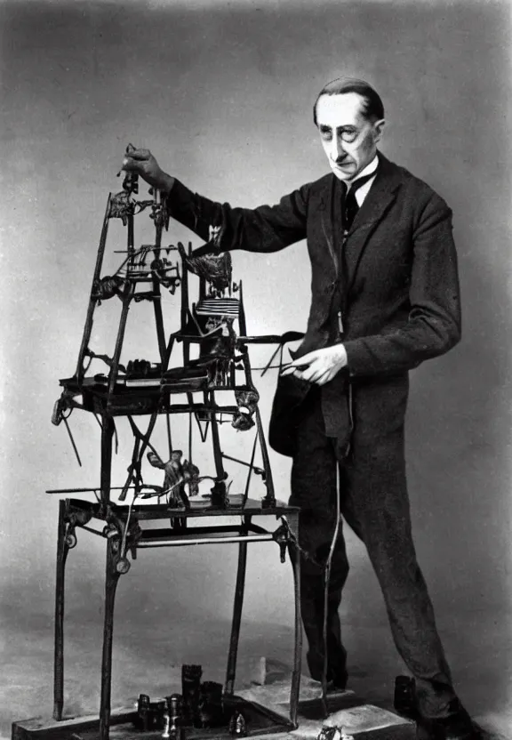 Image similar to marcel duchamp holding up a chess - piece wire - machine, a surrealist painting by marcel duchamp, complex artificial - intelligence machinery, flickr contest winner, studio portrait, 1 9 2 0 s