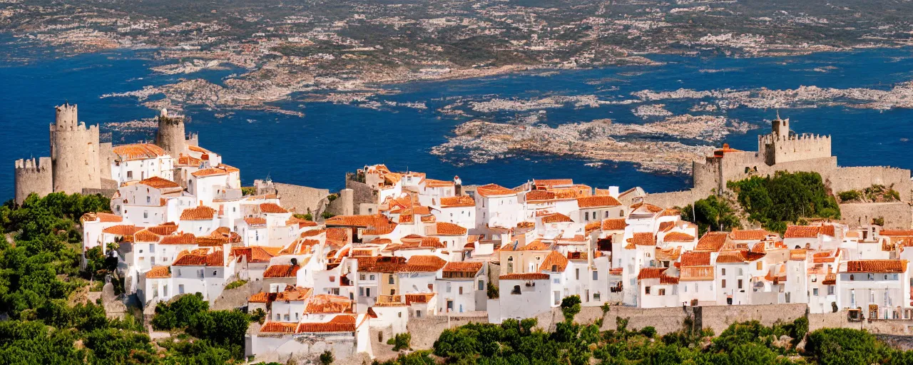 Prompt: 35mm photo of the Spanish castle of Salobrena on the top of a large rocky hill overlooking a white Mediterranean town, white buildings with red roofs, ocean and sky by June Sun