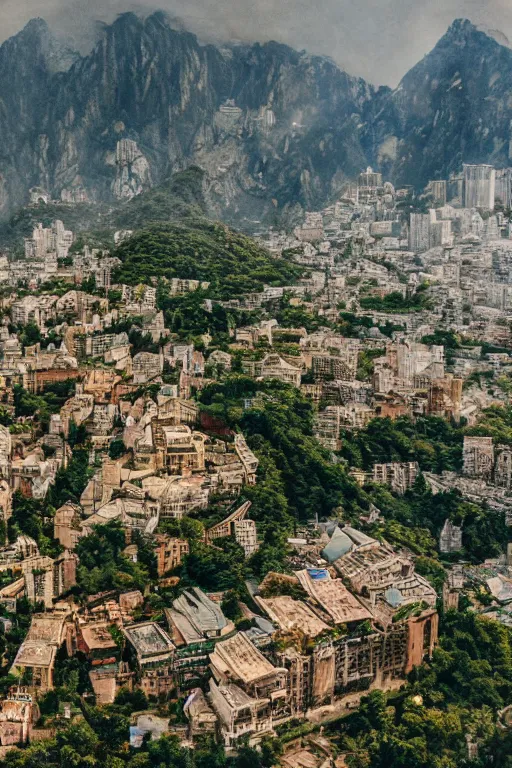 Image similar to a scenic view of a city build on and around a mountain, market and gardens, james paick, imax quality, cinematic photography, cinematic, ue 5, realistic, highly - detailed, sci - fi