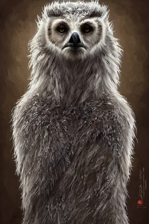 Prompt: a beautiful upper body shot from a fantasy film of a humanoid grey owlbear wearing a loose tunic. an anthropomorphic owlbear. fantasy, frown, intricate, elegant, highly detailed, digital painting, artstation, concept art, matte, sharp focus, illustration, art by artgerm and greg rutkowski and alphonse mucha