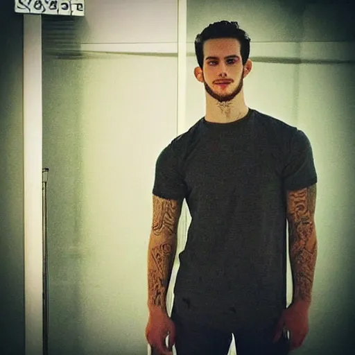 Image similar to “a realistic detailed photo of a guy who is an attractive humanoid who is half robot and half humanoid, who is a male android, Tyler Seguin, shiny skin, posing like a statue, blank stare”