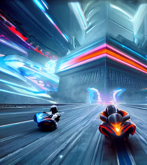 Image similar to extremely psychedelic tron legacy crowded motorcycle race to the ancient and majestic tower of babylon destroyed, hyper realistic, ambient lighting, concept art, intricate, hyper detailed, trakovsky greatest scene, smooth, dynamic volumetric lighting, octane, raytrace, cinematic, high quality, high resolution, 4 k, cgsociety, rutkowski, gurney