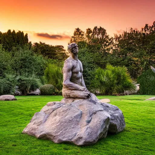 Prompt: a granite sculpture garden by Michelangelo on a green lawn, distant mountains, golden hour, 8k, DSLR Camera, hyperrealistic, Enormous creatures augment my desire