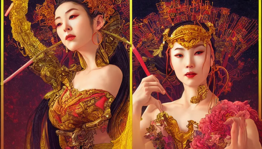 Prompt: mythology, neon, Female Ancient China Dance, queen, academic Reference Pictures artstation, fibonacci, sweat drops, insane, pinup, intricate, highly detailed, digital painting, artstation, concept art, smooth, sharp focus, illustration, Unreal Engine 5, 8K, art by artgerm and greg rutkowski and alphonse mucha