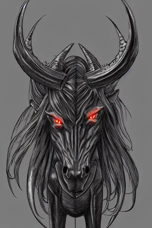 Image similar to demon horse with a horn, symmetrical, highly detailed, digital art, sharp focus, trending on art station, kentaro miura manga art style