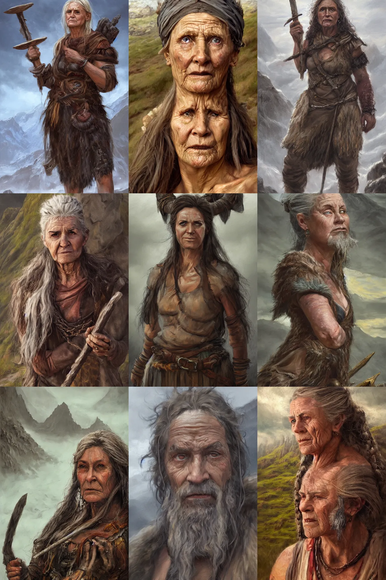 Prompt: a full body high detail fantasy portrait oil painting illustration of a single old rugged stoic barbarian woman by Justin Sweet with face and body clearly visible, in a scenic background, pupils visible, realistic proportions, d&d, rpg, forgotten realms, artstation trending, high quality, sombre mood, artstation trending, muted colours, no crop, entire person visible!, natural light, Adobe Photoshop, Adobe Lightroom, photolab, Affinity Photo,