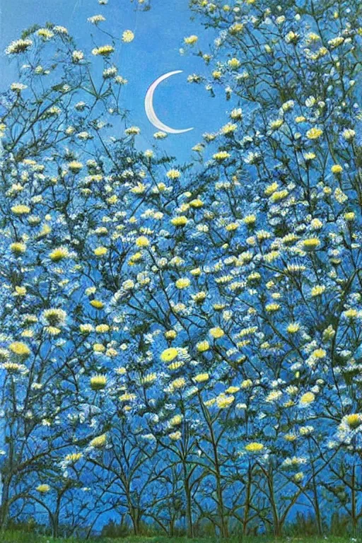 Image similar to night, the moon is shining in blue, the blue color of the moon chamomile field, unfinished house!!!!!, shadows from trees, hyperrealism!!!!!!!