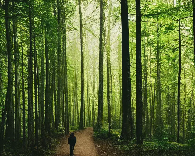 Prompt: a person walking through a forest with tall trees, a photo by kazys varnelis, trending on flickr, naturalism, photo taken with provia, photo taken with ektachrome, photo taken with fujifilm superia
