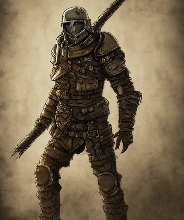 Image similar to full body character portrait of a post - apocalyptic knight in the style of pathfinder / fallout trending on artstation deviantart pinterest photorealistic hd 8 k highlights and shadow detailed high resolution