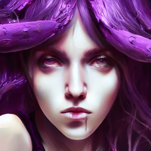 Prompt: artstation young teen with purple eyes and very thin purple tentacles on her head, furious, very detailed, portrait, high contrast, unreal engine 5