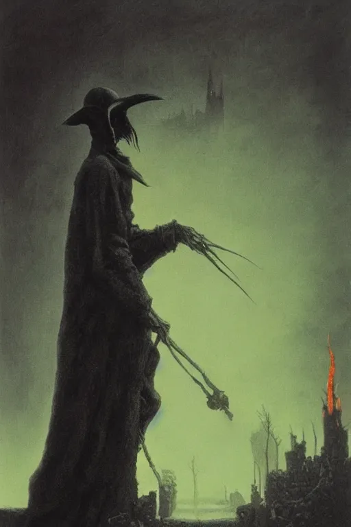 Image similar to plague doctor from iron gridle but human form, destroyed city and flames by zdzislaw beksinski, color