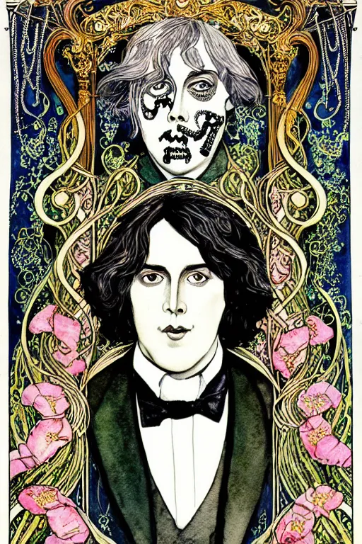 Image similar to realistic portrait of oscar wilde in the center of an ornate curtain frame with skulls and flowers, detailed art by kay nielsen and walter crane, illustration style, watercolor
