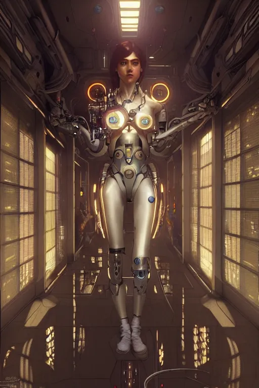 Image similar to ultra realistic, beautiful female cyborg in a utopian hallway in a space megalopolis, sci - fi, intricate details, eerie, highly detailed, octane render, 8 k, art by artgerm and alphonse mucha and greg rutkowski