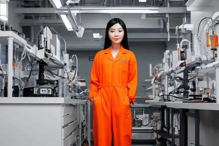 Image similar to a photograph of a beautiful young asian woman wearing an orange prison jumpsuit standing in a laboratory surrounded by sci fi medical equipment, cinematic lighting, sci fi, futuristic