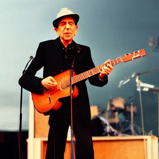 Prompt: leonard cohen at the isle of wight festival