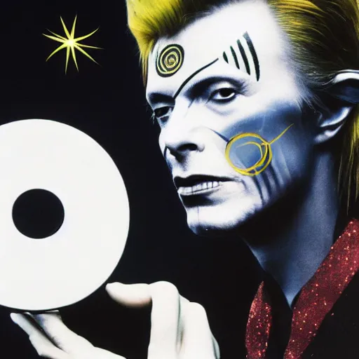 Image similar to cosmic daoist david bowie with whole face yin - yang symbol painted on face, singing into microphone and comets sparkling nearby