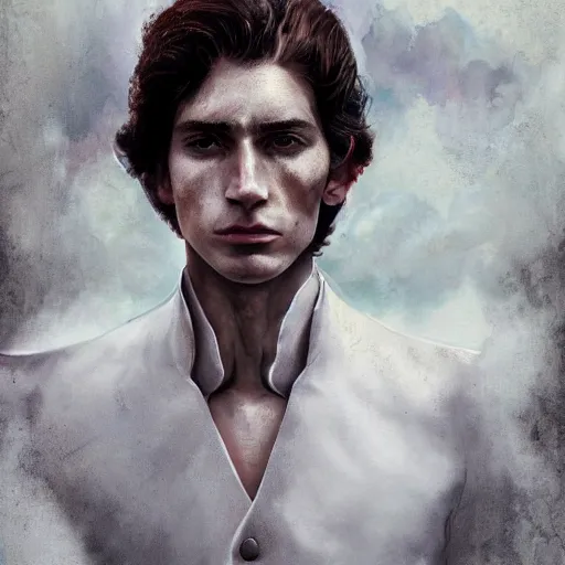 Image similar to close up of a regal prince surrounded by a crowd of angry people. the prince has sharp cheekbones, white clothes, high collar, wistful melancholic hopeful expression. super details, modern digital art, matte painting, science fiction