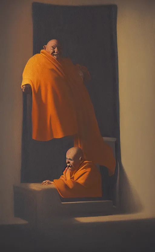 Prompt: portrait of an old monk, spaceship window, planet, orange robe, dramatic lighting, artstation, matte painting, johannes vermeer