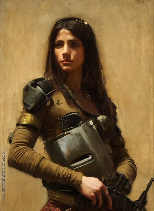 Prompt: Maria. beautiful cyberpunk mercenary wearing military vest. Iranian orientalist portrait by john william waterhouse and Edwin Longsden Long and Theodore Ralli and Nasreddine Dinet, oil on canvas. Cinematic, hyper realism, dramatic lighting, high detail 4k