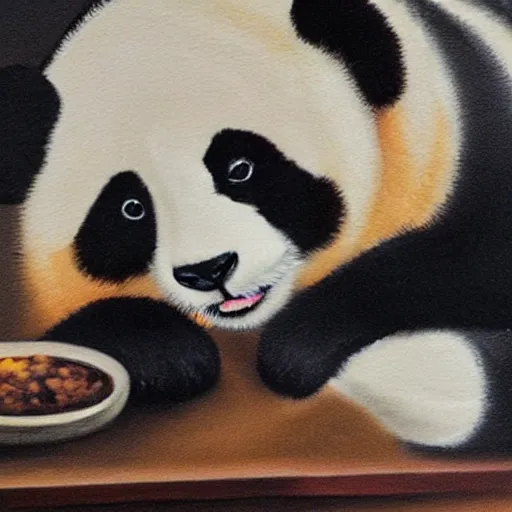 Prompt: oil in canvas of a sad panda drinking on a bar
