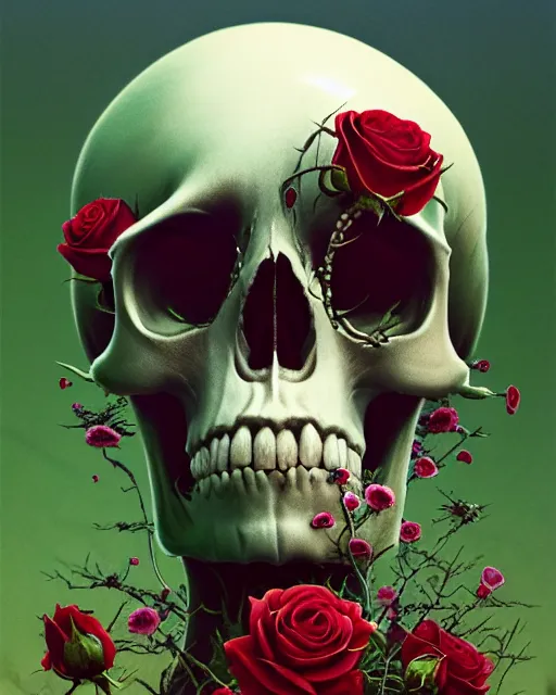 Image similar to portrait of a female skull with roses instead of eyes. roses, intricate abstract upper body intricate artwork, by zdzislaw beksinski tooth wu, wlop, beeple, dan mumford. concept art, octane render, deviantart, greg rutkowski, cinematic arthouse, key art, hyper realism, iridescent accents