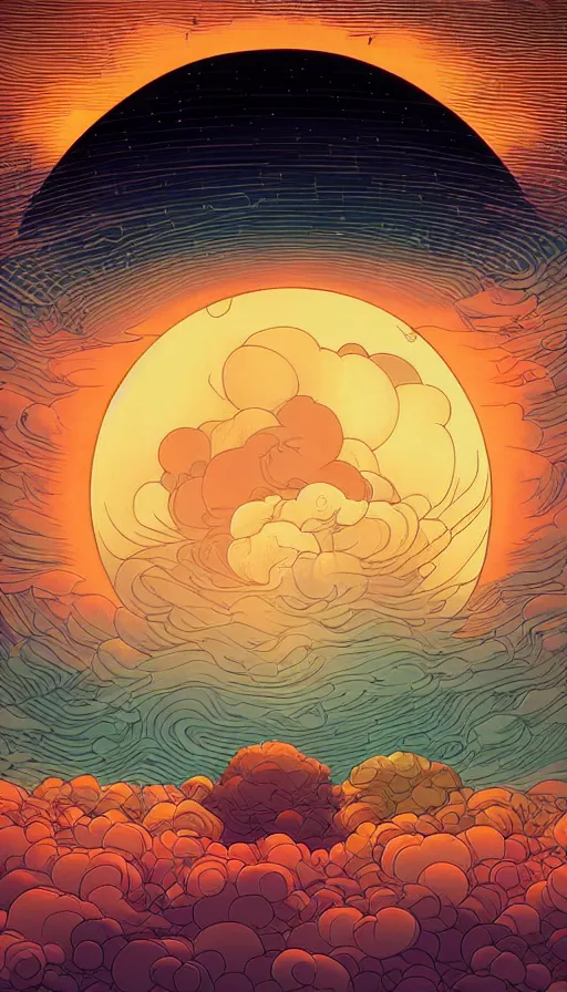 Image similar to harvest moon floating on cosmic cloudscape at sunset, futurism, dan mumford, victo ngai, kilian eng, da vinci, josan gonzalez