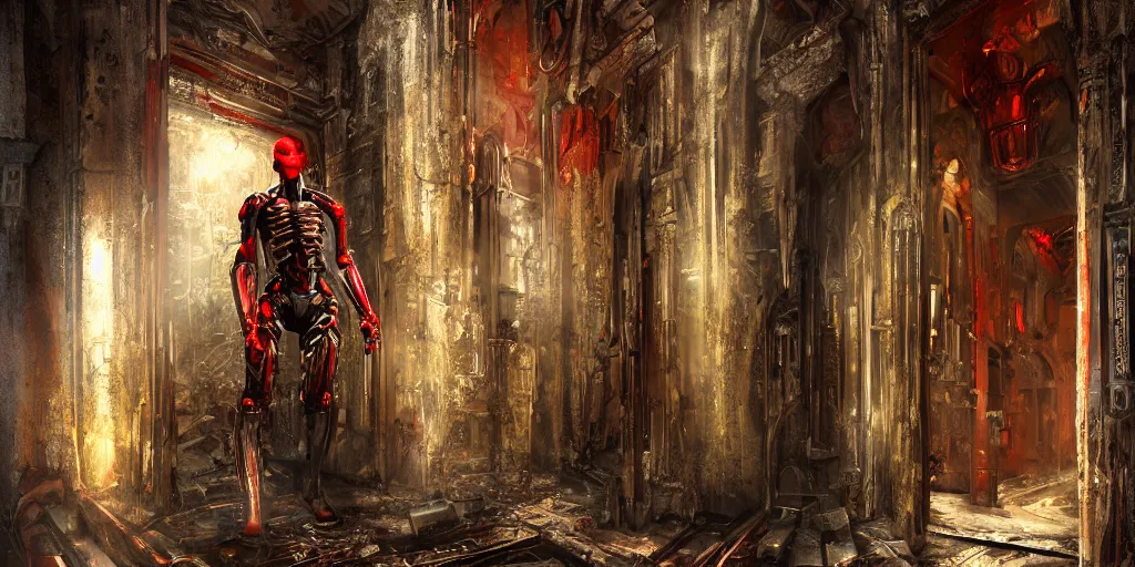 Prompt: gloomy painting of muscular cyborg in biopunk costume standing in doors inside ruined catholic cathedral interiors with walls painted in khokhloma style, gold, red and black, wide angle, 24mm, 8k resolution, detailed, realistic, digital art, very beautiful, award winning, matte painting