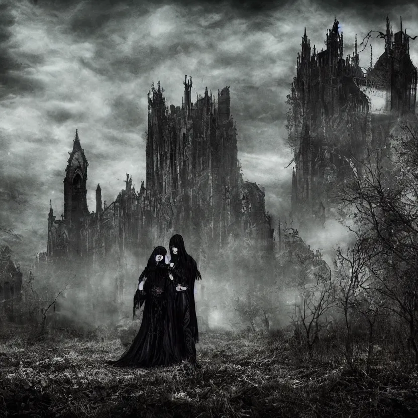 Image similar to A Gothic couple of jewels in an empty land, dark romance, dark and mysterious, atmospheric, ominous, eerie, cinematic, Epic, 8k, 4k, ultra detail, ultra realistic, rendered by awesomeness