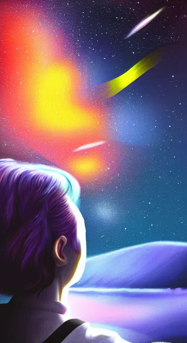 Prompt: person watching shooting stars app background artwork, digital art, award winning