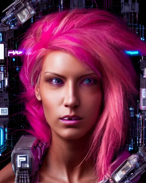 Image similar to portrait of a beautiful tanned woman with pink hair as a cyberpunk cyborg half robot, revealing wires and electronics, hooked - up, sci - fi, missing panels, intricate abstract upper body intricate artwork, concept art, octane render, deviantart, cinematic, key art, hyperrealism, iridescent accents, portrait photograph, nikon 3 5 mm, photograph by greg rutkowski