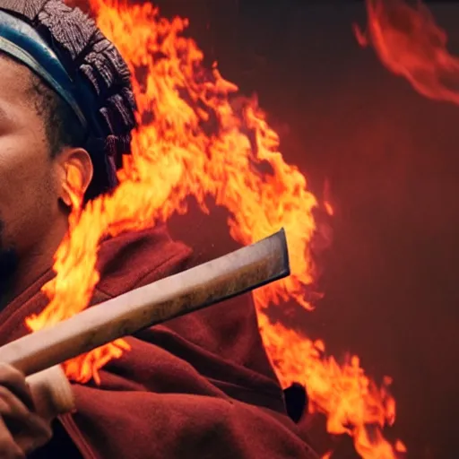 Image similar to cinematic film still of Chance The Rapper starring as a Samurai holding fire, Japanese CGI, VFX, 2022, 40mm lens, shallow depth of field, film photography