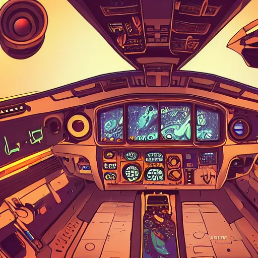 Prompt: spaceship cockpit retro futuristic comics, wide angle, cinematic, highly detailed, photorealistic, high quality colors, trending on artstation, trending on cgsociety