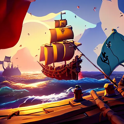 Image similar to sea of thieves scene with a hedgehog on a pirate ship, digital art, epic lighting, game screenshot, danish flag, danish flag on top of ship