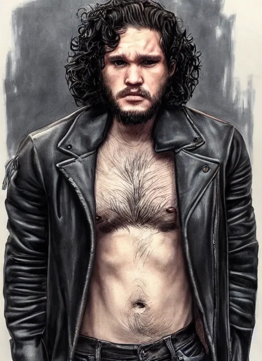 Image similar to portrait of kit harrington, gritty, dark, wearing a leather jacket, hairy chest, very detailed eyes, hyperrealistic, very detailed painting by Glenn Fabry, by Joao Ruas, by Artgerm