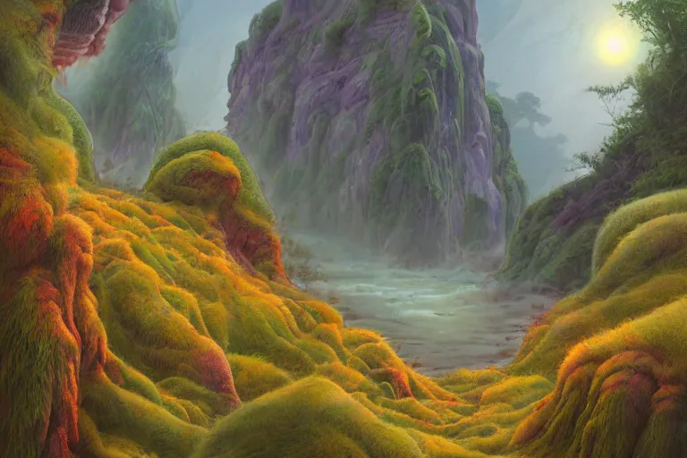 Image similar to digital painting of a foggy lush natural scene on an alien planet by gerald brom. digital render. detailed. beautiful landscape. colourful weird vegetation. cliffs and water.