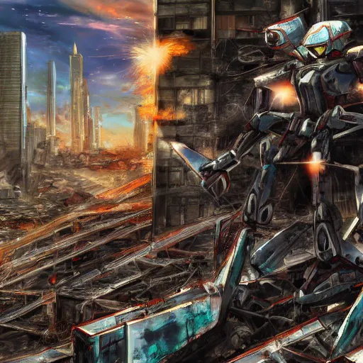 Image similar to a mecha pilot is impaled violently on a piece of rebar amongst building debris, digital painting masterpiece by joji morikawa, 4 k anime wallpaper, bloody