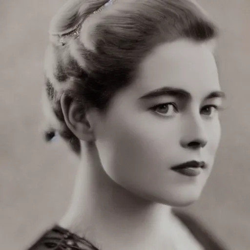 Image similar to edwardian photograph of grace kelly, emilia clarke, 1 9 0 0 s, 1 9 1 0 s, grainy, slightly blurry, very faded photo, realistic face, elegant, graceful