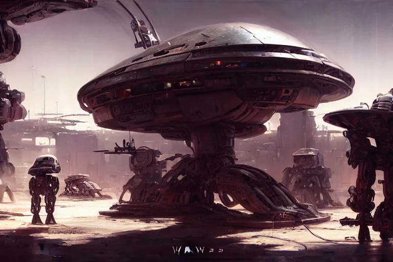 Prompt: ultra realistic illustration, an outdoor sci - fi outpost in a hot desert storm at night, mechanical droids working on a battered old spaceship, cyberpunk, sci - fi, fantasy, intricate, elegant, highly detailed, digital painting, artstation, concept art, smooth, sharp focus, illustration, dramatic lighting, art by wadim kashin