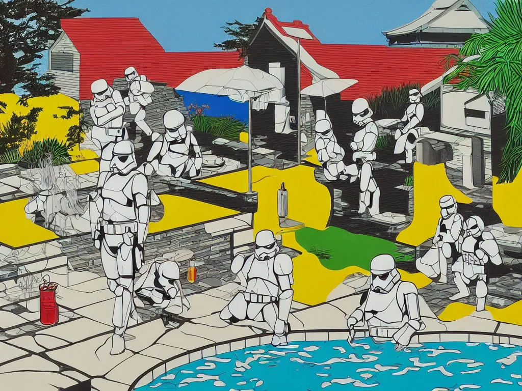 Image similar to hyperrealism composition of the japanese house with a hot springs in the garden, two detailed stormtroopers bathe in a hot spring, pop - art style, jacky tsai style, andy warhol style, roy lichtenstein style, acrylic on canvas